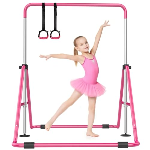 SHIWEI Gymnastics Bar for Kids Foldable Gymnastic Bar with 5 Adjustable Height Expandable Training Equipment for Indoor/Outdoor (Hot Pink)