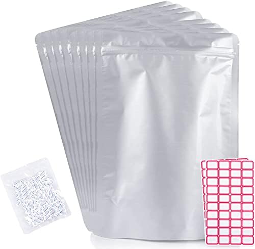 Lenity Retails 50 Pcs mylar bags for food storage with oxygen absorbers and labels for Storing Foods, Snacks, Candy (7 x 10 inches each)