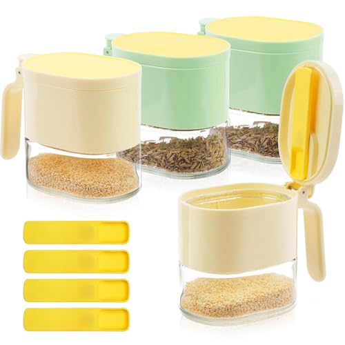SHAIDOJIO 4 Barattoli Spezie Trasparente, Barattoli Cucina, Contenitori Spezie di Vetro con Coperchio e Cucchiaio, Sigillati Barattoli Barattoli per Spezie per Spezie Sale Zucchero Pepe-2 Colori