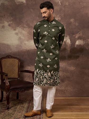 Image of Men's Calf Length Silk Blend Embroidered Solid Kurtas | Men | Kurtas for Mens | Straight Fit Kurta for Men's