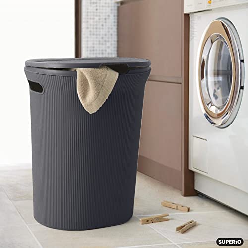 Image of Superio Ribbed Collection - Decorative Plastic Laundry Hamper with Lid and Cut-Out Handles, Grey (1 Pack) Basket Organzier for Bedroom Bathroom College Dorm Room 40 Liter