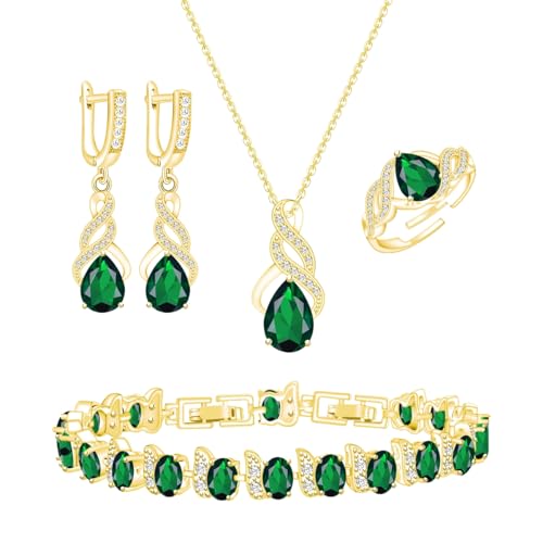 LMXXVJ 18k Gold Plated Jewelry Set for Women Created Green Emerald Necklace Ring Earrings Bracelet Costume Jewelry Set Wedding Birthday Mothers Day Thanksgiving Gifts