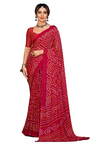 Fashion Women's Chiffon Fancy Bandhej Printed Saree With Blouse P...