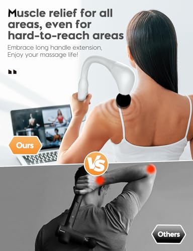 Image of FVZ White Percussion Massage Gun with Upgraded Extension Handle, 10MM Massage Gun Deep Tissue, Muscles /Neck /Shoulders /Waist /Legs Massager Portable for Pain Relief