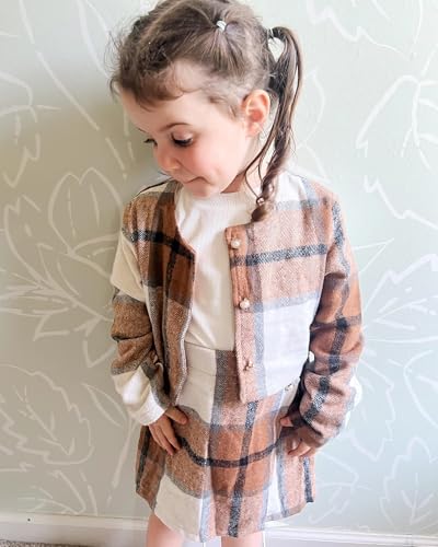 Image of HINTINA Toddler Girl 4 Pieces Outfits Ruffles Long Sleeve Tops Plaid Skirt Jacket And Hat Fall Winter Clothes Set
