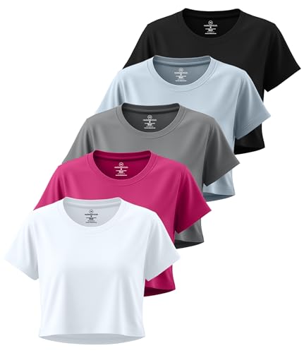 Image of Real Essentials 5 Pack: Women's Dry Fit Crop Top - Short Sleeve Crew Neck Stretch Athletic Tee (Available in Plus Size)