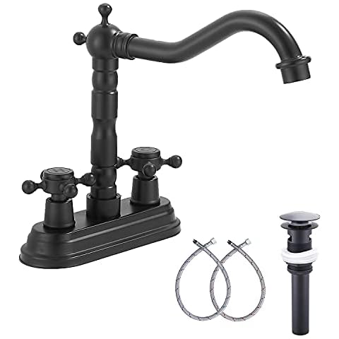 Matte Black Bathroom Faucet YBlucklly 2 Handle 4 Inch Centerset Bathroom Sink Faucet with Supply Hose Lead-Free Mixer Double Handle Tap Faucet and Metal Drain Assembly Black Bathroom Faucet Cover