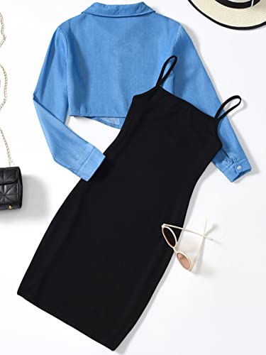 Oyoangle Girl's 2 Piece Outfit Butterfly Patched Cami Dress With Long Sleeve Button Down Crop Shirt Set Blue And Black 9Y #TOP1