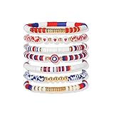 ecozran 7-Pack Independence Day Bracelets Set Red White Blue Beaded Patriotic Bracelets with Captain America Shield Handmade Stack-able Jewelry for July 4th Presidents Day American Retro Style(74-5)