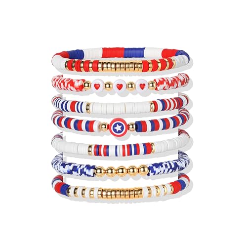 ecozran 7-Pack Independence Day Bracelets Set Red White Blue Beaded Patriotic Bracelets with Captain America Shield Handmade Stack-able Jewelry for July 4th Presidents Day American Retro Style(74-5)