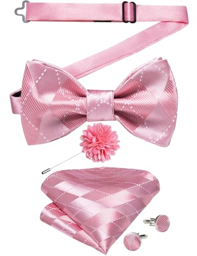 DiBanGu Silk Pink Self Bow Tie Set for Men, Jacquard Plaid Bowtie Pocket Square Cufflinks Set for Tuxedo Wedding
