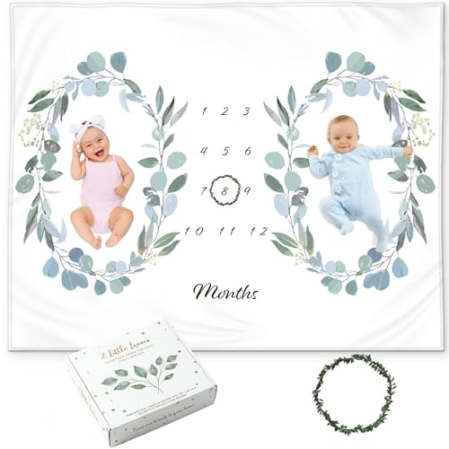 Image of Twins Baby Monthly Milestone Blanket – Soft Fleece Month Blanket – Eucalyptus Leaves Design – Gender Neutral for Twin Boys or Girls, Baby Shower Nursery Decor, Twin Baby Essentials, 60x40