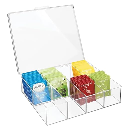 mDesign Tea Storage Organizer Box - 8 Divided Sections, Easy-View Hinged Lid - Use in Kitchen, Pantry, and Cabinets; Holder for Tea Bags, Packets, Small Items and Accessories, BPA free - Clear