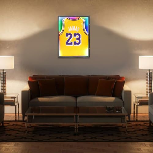 Image of Jersey Frame with LED for Wall, Large Lockable T-Shirt Shadow Box with LED Light & Clear UV Protection Acrylic & Hangers for Football Basketball Baseball Soccer Hockey, Matte Black 1 Pack