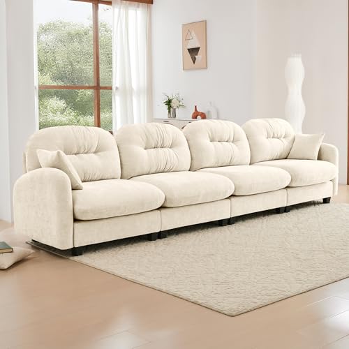 Image of KEIKI 140 inch Oversized Chenille Modular Sectional Sofa with High-Density Foam Cushion and Tufted Pleated Cushion Backrest, Upholstered Modern 4-Seater Cloud Couch with 2 Pillow, for Living Room, Beige
