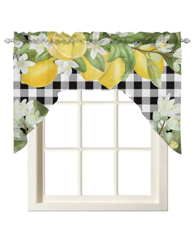 Swag Curtain Valances for Kitchen Windows, Summer Lemon Black White Buffalo Plaid Rod Pocket Small Windows Treatment Curtain Panel for Cafe Bathroom Farmhouse Dining Room