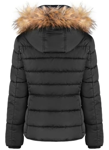 BodiLove Women's Puffer Jacket with Removable Faux Fur Hood and Zipper Black L2