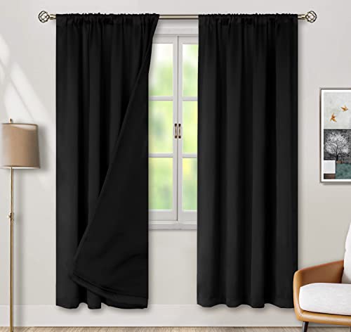 BGment 100% Blackout Curtains for Bedroom with Black Liner, Double Layer Full Room Darkening Thermal Insulated and Noise Reducing Rod Pocket Curtain (42 x 72 Inch, Black, 2 Panels)