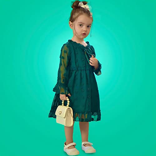 Little Girl Fall V Neck Long Sleeve Swiss Dot Chiffon Ruffle Dress Green 2Y #TOP1