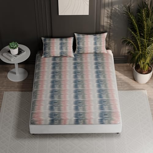 Image of BLISSHOME Everlast 150TC King Size Fitted Bedsheet with 2 Pillow Covers, Aesthetic Bedding, Wrinkle Resistant, 100+ Wash Durable, Quick Dry, Geometric Pattern - Green (183cm x 198cm +25cm Drop)