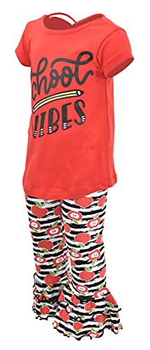 Image of Unique Baby 2 Piece Girls Back to School Vibes Outfit Double Ruffle Leggings Short Sleeve Shirt Clothes Set Kid Toddler Girl