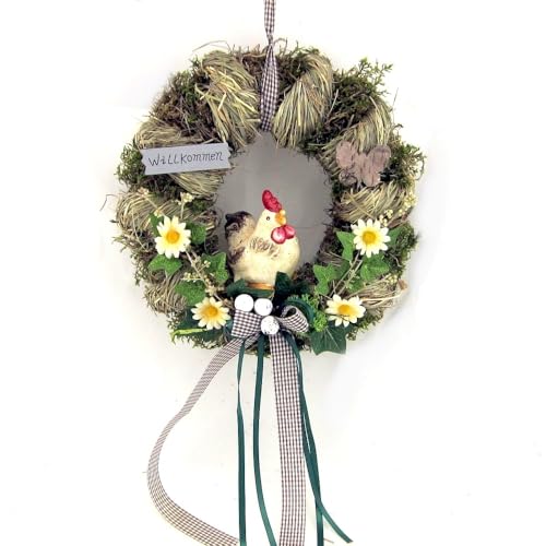 Türkranz Wandkranz aus Naturmaterial mit Huhn oder Hahn ø 28 cm - Frühling - Sommer - Herbst - Willkommensgruß - 338