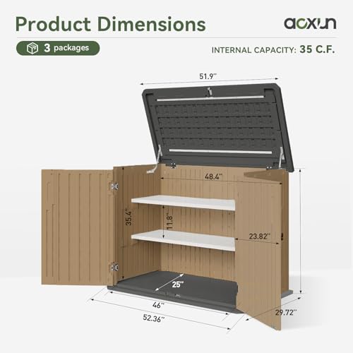 Image of Aoxun Outdoor Storage Cabinet 35 Cu.Ft 2 Shelves, Outdoor Trash Can Storage Shed Waterproof Horizontal Storage Shed Outdoor Storage for Garbage Bin, Generator,Brown