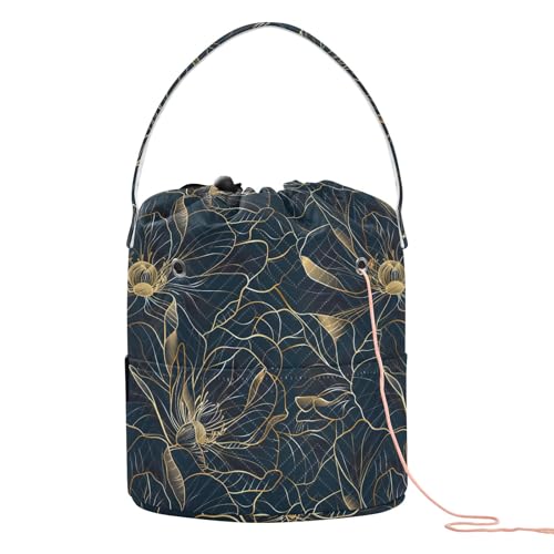 Yarn Storage Bag Small Crochet Bag Knitting Bag Organizer Golden Flower Line Art Yarn Bags for Crocheting Basket