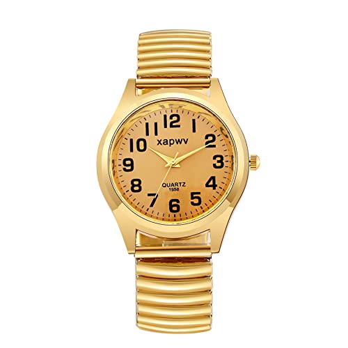 JewelryWe Mens Big Dial Easy Reader Quartz Watch, Gold/Silver Tone Elastic Band Wristwatch