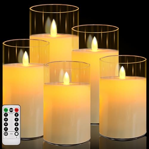 FRNYFREL Led Flameless Candles, Battery Operated Candles, Acrylic Flickering LED Pillar Candles with Remote Control and Timer, 3D Wick, D3 xH4 4" 5" 5" 6", Set of 5