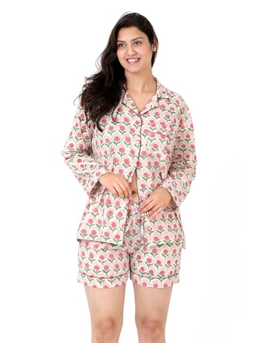 Image of Huar Women Pajama Set, 4 pcs Button Down Vacation Beach Cotton Set, Lounge wear PJ Set For Birthday