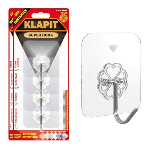 Image of KLAPiT Super Hook - Heavy Duty Adhesive Wall Hooks, No Drilling, Waterproof, Damage-Free Hanging Solution for Bedroom, Bathroom, and Kitchen Items - Clear, 8 pcs.