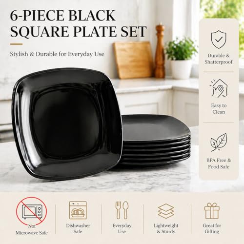 TP 10.5" Melamine Square Dinner Plates, 6-piece Plate Set Unbreakable Serving Dishes for Indoors and Outdoors, Unbreakable Dinner Service for 6 (Black) by TP - Image 4