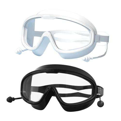 Swimming Goggles for Adult, Swim Goggles with Ear Plugs Attached, High-Definition Large Frame Waterproof and Anti-Fog Pool Swim Goggles for Adult Youth Men Women (2 Pack)