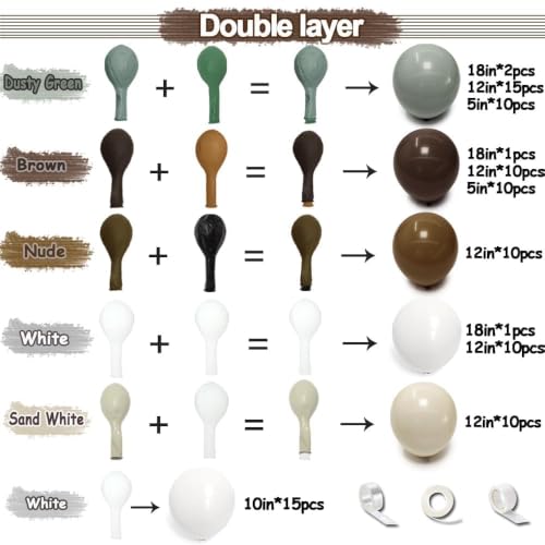 Image of Dusty Green Nude Balloon Arch Double Stuffed Sage Green Brown Beige White Sand Cream Balloon Garland Kit for Neutral Baby Shower Birthday Wedding Woodland Wild One Dinosaur Fall Boho Party Decor