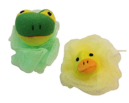 2-Pack Kids Childrens Stuffed Animal Toy Pouf Mesh Bath Shower Sponge Green Frog Yellow Duck w/Squeaky Rubber Ducky