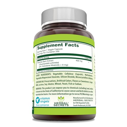 herbal secrets yohimbe extract 450 mg supplement  veggie capsules  non-gmo  gluten free  made in usa 1 pack 250 count