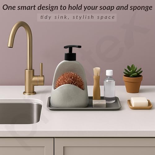 Image of Plantex Ceramic Soap Dispenser with Scruber /Sink Dish Washing Liquid Soap Dispenser for Wash Basin - Bathroom Accessories - (Beige and Black)