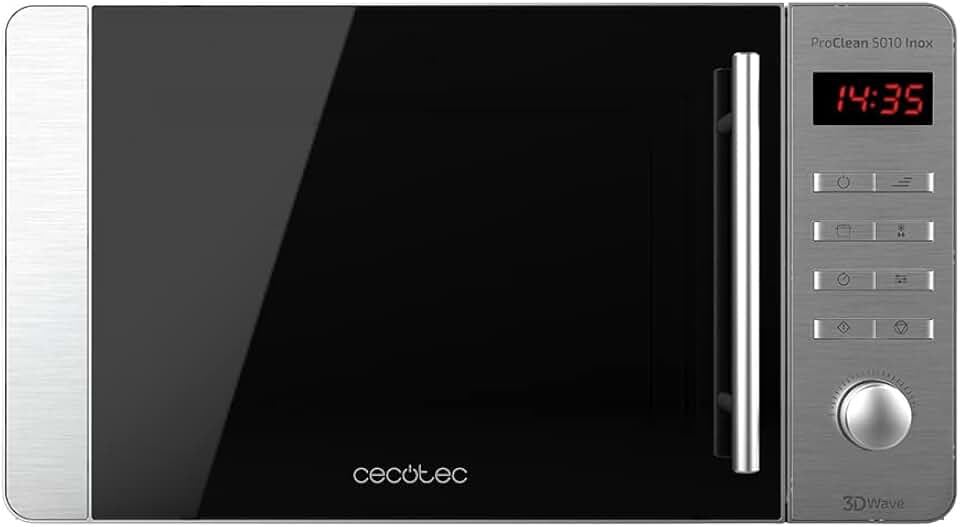Cecotec Microondas ProClean 5010. 700 W, Capacidad de 20 L, Revestimiento Ready2Clean, 5 Niveles Funcionamiento, 8 Programas, Tecnología 3DWave, Temporizador, Diseño Frontal y Tirador Inox