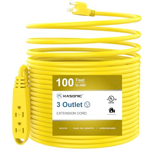 K KASONIC - 100-Feet 3 Outlet Extension Cord, UL Listed, 16/3 SJTW 3-Wire Grounded, 10 Amp 125 V 1625 Watts, Multi-Outlet Indoor/Outdoor Use, Yellow