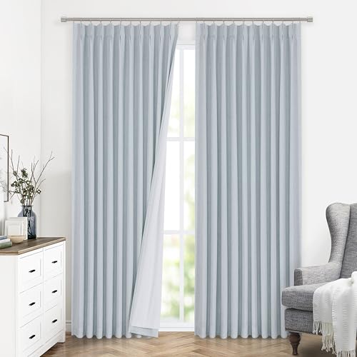 Image of Vision Home Blue Fog Pinch Pleated Full Blackout Curtains Linen Blended Room Darkening Window Curtains 90 inch for Living Room Bedroom Thermal Insulated Pinch Pleat Drapes with Hooks 1 Panel 60 inchWx90 inchL
