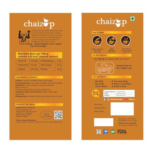 Image of Chaizup Premium 1 Min Instant Ginger Tea Premix - 30 Sachets | Ginger Flavours | 30 Servings | 420g (Pack of 3)