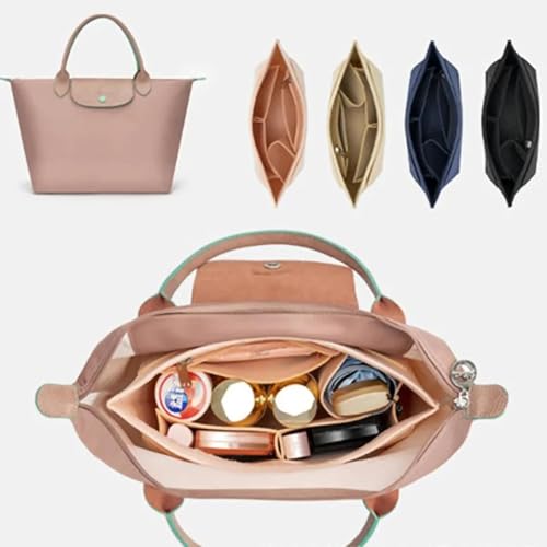 Organizador de bolsas compatible con el inserto Longchamp Le Pliage, organizador de bolsas de fieltro duradero con diseño de múltiples bolsillos y cremallera segura (beige, grande: 28 x 25 x 17 cm)