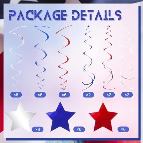 Image of Red Blue Silver Star Hanging Swirl Decorations Stars Streamers Foil Swirls for Ceiling Decorations Graduation Party Supplies 4th of July Patriotic Decorations, Pack of 42