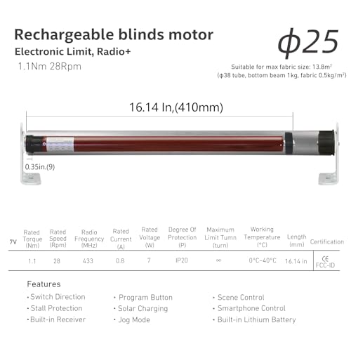 image for Rollerhouse Rechargeable Wireless Tubular Roller Shade Motor Kit, with
