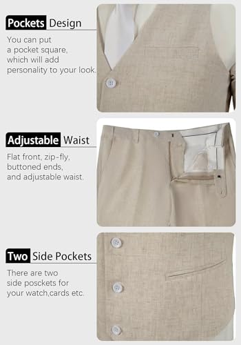Casual Linen Beige Men's 2 Piece Suits Wedding Suits Slim Fit Groomsmen Tuxedos Prom Waistcoat Summer Linen Vest+Pant3