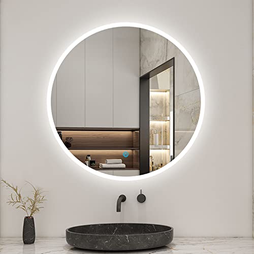 AICA Miroir Salle de Bain Rond 80cm Anti-buée +dimmable + mémoire, Miroir Lumineux LED