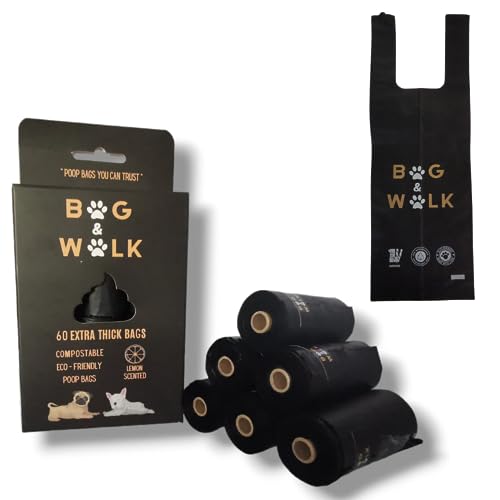 BAG & WALK - Bolsas fuertes y grandes para excrementos – 60 bolsas (6 rollos de 10) – Biodegradables y compostables – Aroma a limón – Bolsas compatibles con dispensador para caca de perro