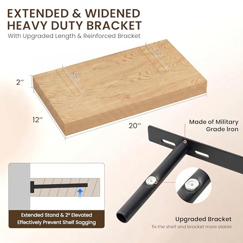 Image of Dreamland 20 inch Floating Shelves for Wall, 12 inch Deep Thicker Floating Shelves, Wall-Mounted Shelves for Bedroom, Living Room, Kitchen, Bathroom, Oak - Set of 2
