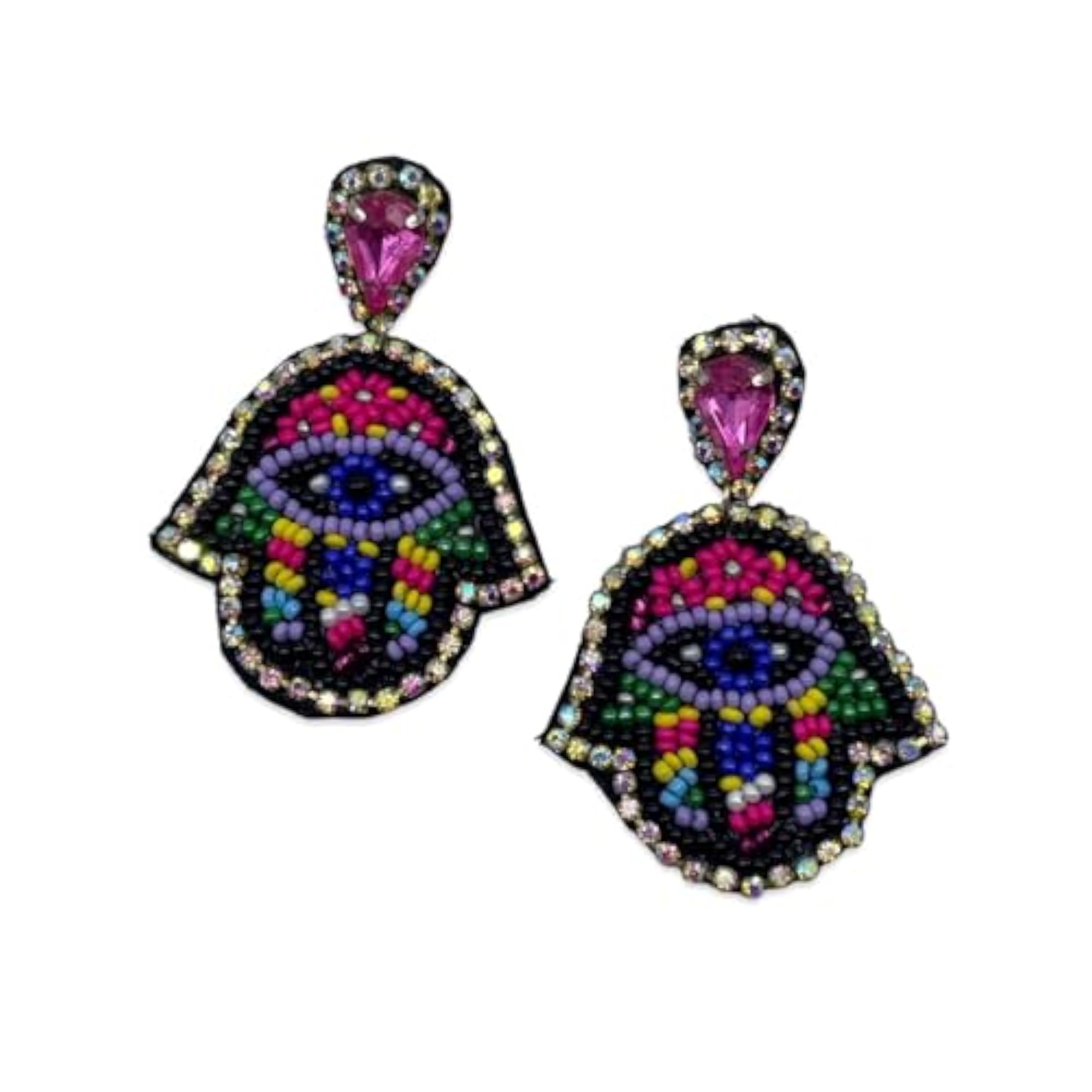 Stylish Evil Eye Hamsa Design Colourful Mini Beaded Dangler Earrings